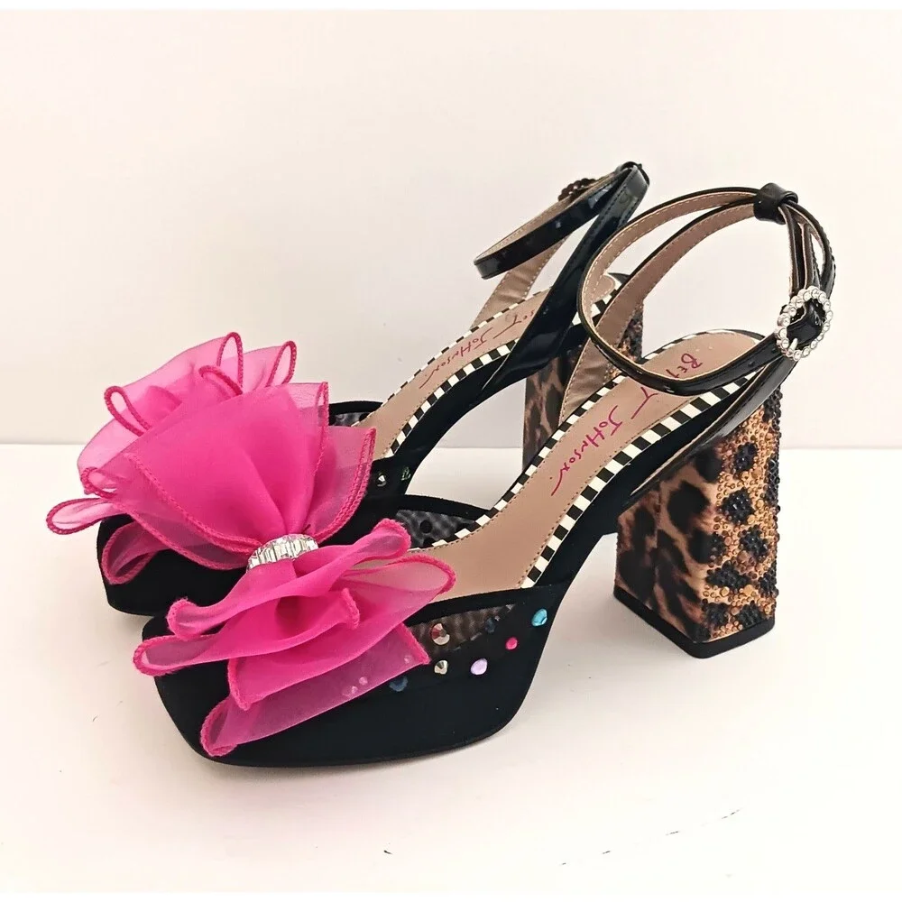 NEW Betsey Johnson Palloma Platform Sandal Bead Leopard Heel Pink Tulle Bow Sz 6